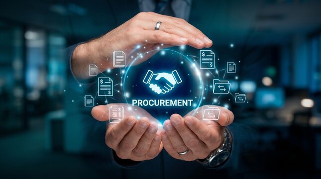 Businessman holding a glowing digital procurement icon and documents in a corporate office