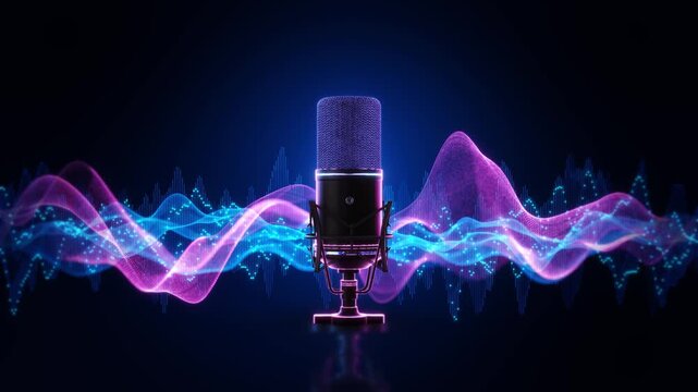Futuristic microphone framed by vivid neural audio waves and glowing data points. Perfect for AI voice generation, speech synthesis, virtual assistants, language tools, automation, and smart software.