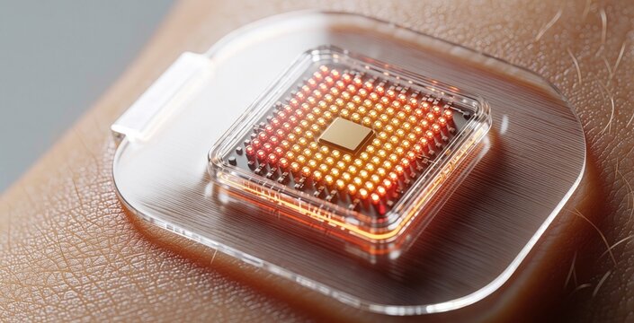 Close-up view of futuristic health monitoring patch on skin. Tiny illuminated sensors on integrated circuit track vital signs, showing advanced medical tech innovation. Smart device aids in remote