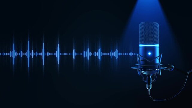 Futuristic podcast microphone with a pulsing blue frequency signal on a dark background. Strong visual for AI voice, speech recognition, narration, digital media, online courses, and audio technology.