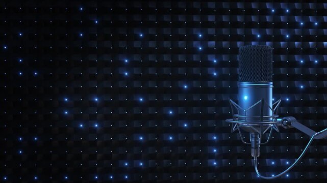 Modern podcast microphone beside acoustic foam panels in a moody blue studio. A versatile background for live webinars, audiobooks, creator content, vocal sessions, online teaching, and pro narration.