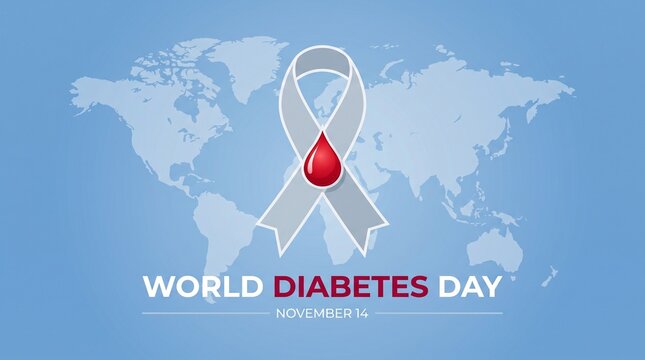 World diabetes day illustration showing a silver awareness ribbon with a red blood drop over light blue world map background for global health organization use.