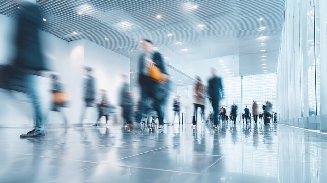 Busy professional people walking inside bright modern office building lobby with motion blur captured from low ground level camera angle
