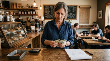 Fototapeta premium Woman counting money at cafe counter carefully managing daily cash flow and meticulous business finances for her bustling small coffee shop operations.