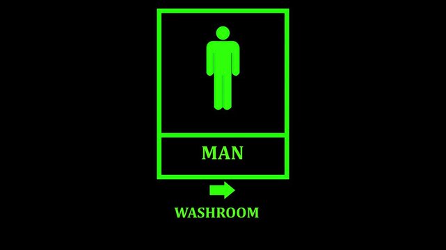 Male Restroom Signage and Men Washroom Indicator Chart Animation 4K, Glowing Toilet Direction Digital Platform Graph with Moving Arrow on Black Background.4k video