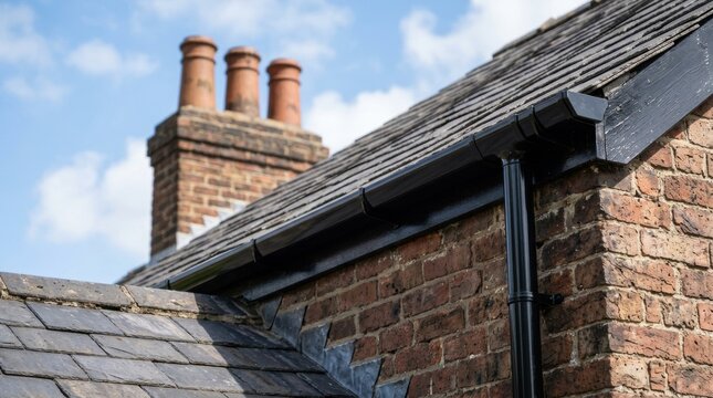 House roof gutter brick wall chimney against a bright blue sky, showcasing traditional residential architecture and building materials.