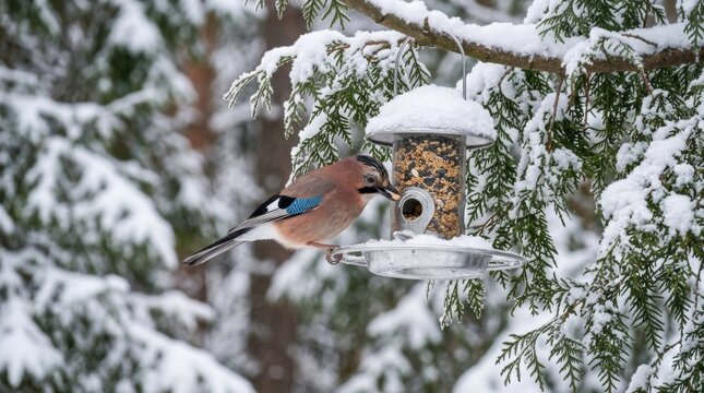 Eurasian jay bird perched on hanging bird feeder filled with seeds in snowy winter forest, jay feeding at snowy hanging tube bird house hanging from evergreen tree branch in nature park