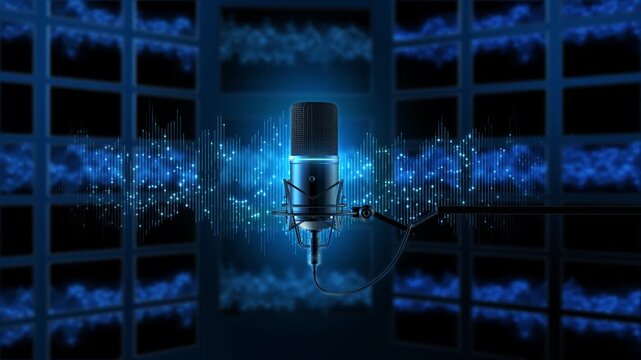 Futuristic content studio with a condenser mic, waveform displays, and a wall of monitors. Strong for live media technology, remote interviews, newsroom systems, audio analytics, and creator workflows