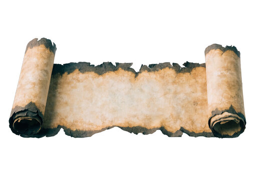 Ancient parchment scroll unrolled flat isolated on a transparent background.