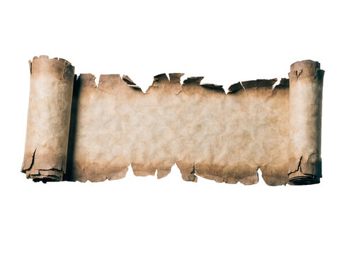 Ancient parchment scroll unrolled flat isolated on a transparent background.