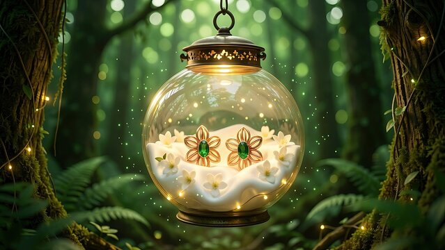 Flower shaped earrings with green gems inside glass globe lantern with white blossoms, magical forest background, fantasy jewelry presentation concept