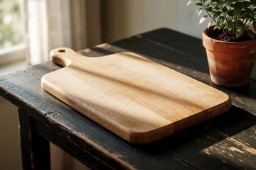 Fototapeta premium Sunlit wooden chopping board on dark wooden table beside potted succulent plant, empty scratched surface conveying cozy peaceful kitchen morning. Minimalist still life scene with natural light, wood