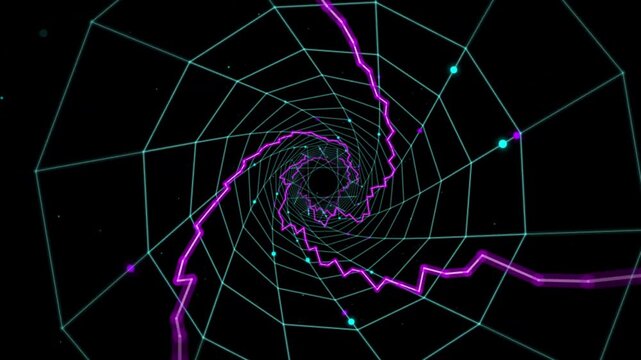 Abstract tunnel with glowing purple lightning and grid pattern moving into infinity.