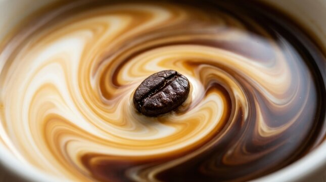 Single coffee bean floating in swirling coffee and cream liquid, showcasing a mesmerizing abstract pattern of rich brown and creamy milky white.