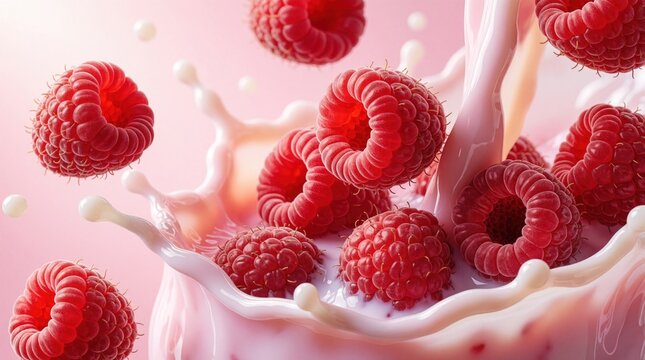 Fresh red raspberries fall into creamy milk splash. Juicy berries drop into pink liquid wave with flying droplets. Healthy dairy breakfast concept with sweet fruit mix. Tasty organic milkshake yogurt