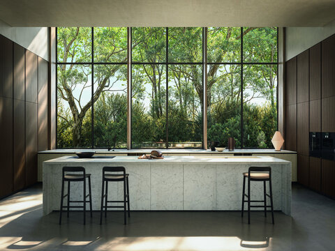 Luxury kitchen interior with marble island and large panoramic window forest view