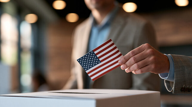 Faceless voter standing inside a polling station holding a ballot, Election Day, civic responsibility, democracy, voting participation, citizenship, American election concept,