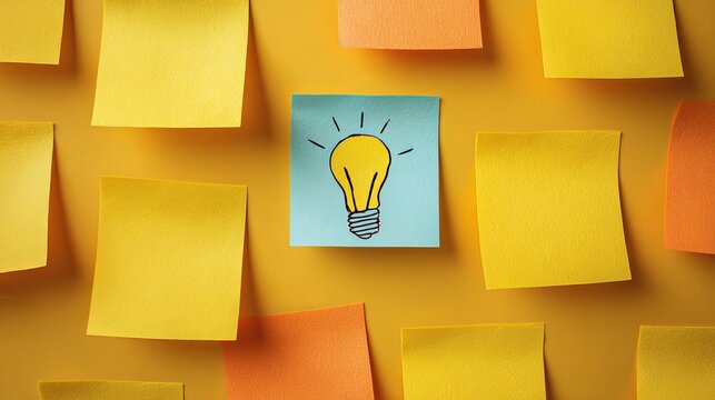 Vibrant yellow and orange sticky notes featuring one light bulb drawing on blue paper creating a bright creative business concept