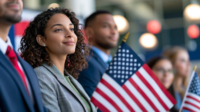 Modern citizenship ceremony with diverse new citizens standing together during an official civic event, Citizenship Day, American citizenship, civic participation, democracy,