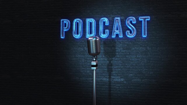 Retro broadcast microphone and glowing podcast typography create a dramatic studio opener. Ideal motion graphic for episode launches, speaker promos, journalism, narration, online shows, and branding.