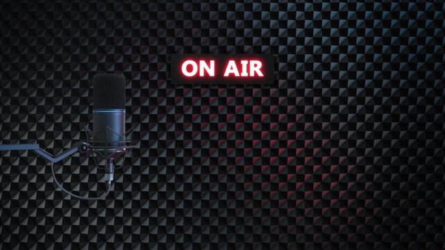 Moody recording booth with microphone, soundproof wall, and illuminated live broadcast sign. Premium animated backdrop for voiceovers, streaming shows, announcements, talk content, and media branding.