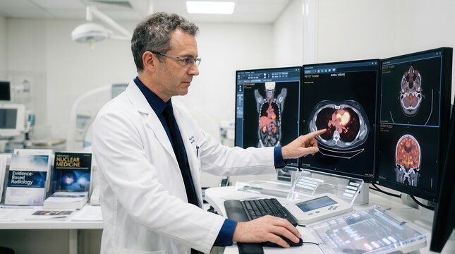 Doctor Analyzing Medical Scans On Multiple Monitors In A Modern Hospital Setting