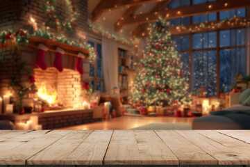 Obraz premium Empty wooden table across Christmas trees with blurred present gift box and string lights. Product Display, Xmas Decors.