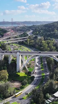 Duarte Pacheco Bridge In Lisbon Portugal. Urban Life Landscape Of Freeway Road Connecting City Streets. Cities Of The World Landscape. Downtown Cityscape. Lisbon Portugal.