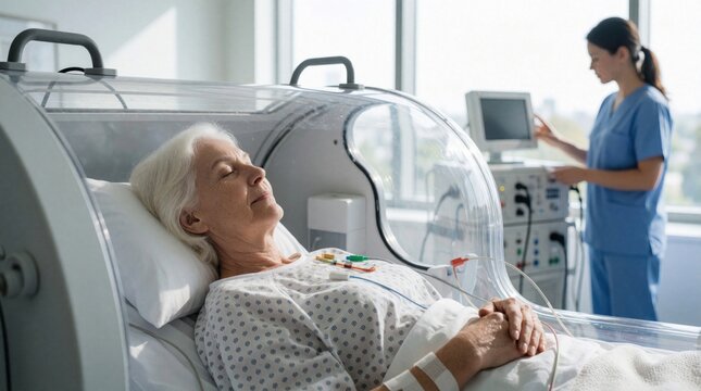 Elderly woman rests in clear hyperbaric oxygen chamber for healing. Nurse monitors vital signs on computer screen in modern clinic. Patient receives restorative medical treatment for recovery.