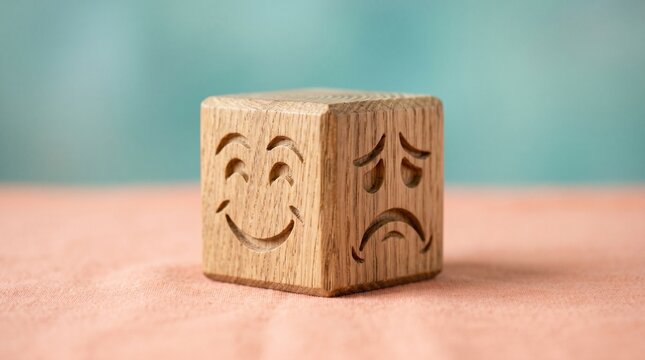 Wooden mood block with carved happy and sad facial expressions on a pink surface