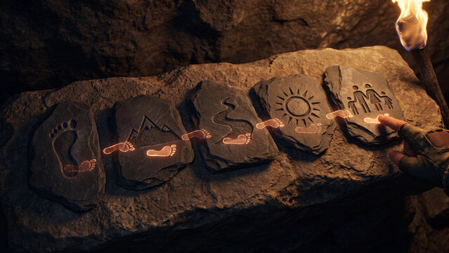 Ancestral heritage and human evolution concept, finger touching stone carvings of prehistoric symbols, journey through history and human lineage