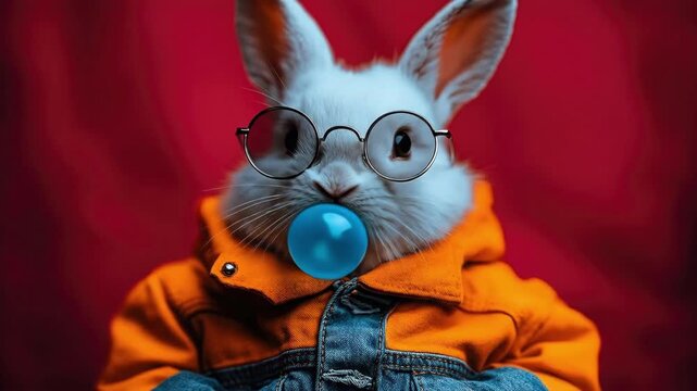 Cute bunny wearing glasses chewing bubble gum in stylish denim jacket. Easter, Pascha, Paskha, Ostern, Pascua, Paques - Orthodox and Catholic Holiday celebration
