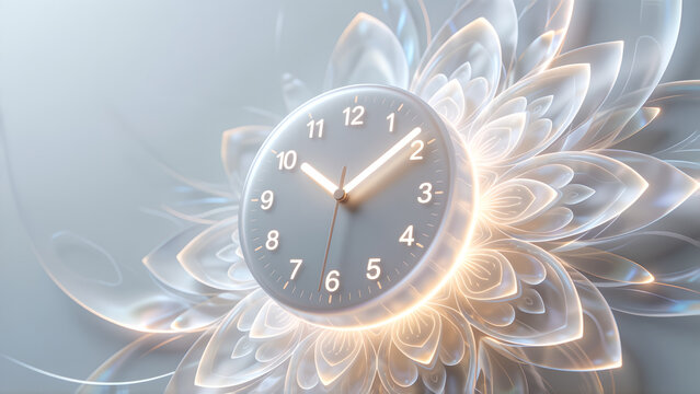 Abstract conceptual clock face surrounded by glowing translucent flower petals in soft light.
