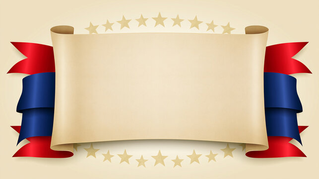 Vintage parchment scroll surrounded by subtle stars and red and blue ribbons, Constitution Day, Citizenship Day, constitutional rights, American heritage, patriotic holiday
