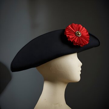"Studio shot of a black bicorn hat with a red cockade on a mannequin head."