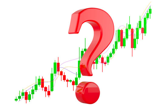 Question mark on rising candlestick chart for market uncertainty concept. 3D rendering