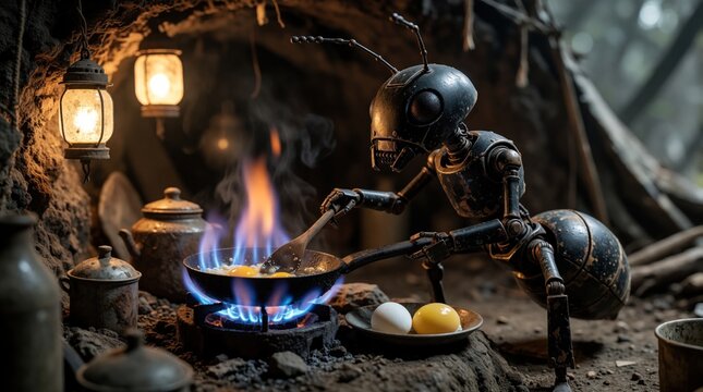 Futuristic robot ant cooks eggs in frying pan over blue flame. Metal insect uses spatula in dark cave kitchen. Small mechanical creature prepares breakfast with hot stove, vintage kitchenware. Sci-fi