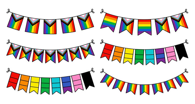 Set of progress pride flag buntings and hanging celebration banners with celebration diversity handdrawn collection decoration illustration triangle equality community inclusion movement