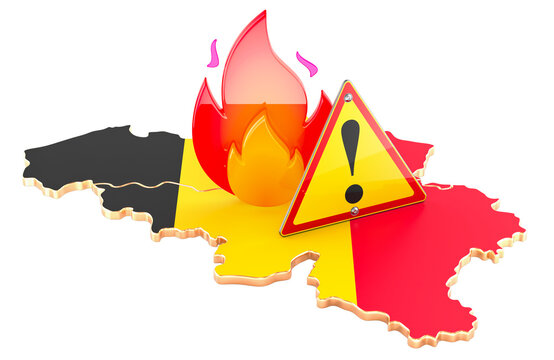 Belgium map with wildfire warning sign, fire hazard concept. 3D rendering