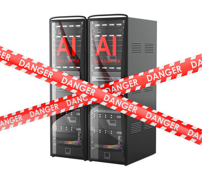 AI data center servers with danger tape for outage and security threat. 3D rendering
