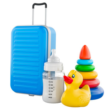 Baby travel essentials with suitcase, bottle and toys. 3D rendering