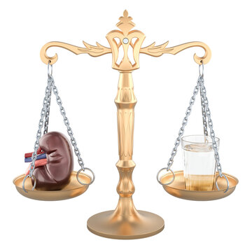 Balance scale with kidney and glass of water. Kidney health, hydration, fluid balance, renal function and urinary system care, concept. 3D rendering