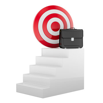 Career success staircase with briefcase and target. 3D rendering