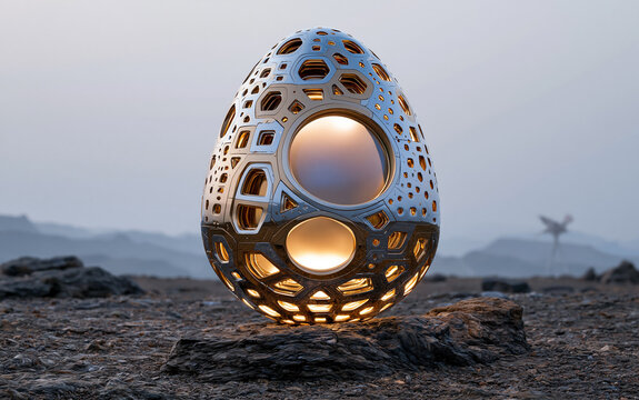 An intricately designed futuristic egg made of reflective gold and chrome sits on a rugged landscape, illuminated by a soft, warm internal light.