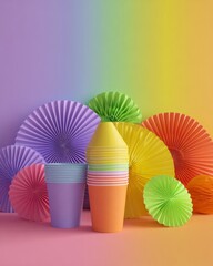 Fototapeta premium Colorful paper cups and rainbow paper fans for party decoration