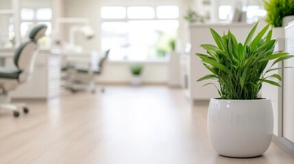 Fototapeta premium Bright Dental Office With Indoor Greenery Calming Healthcare Reception Area Interior Scene, modern dental clinic interior, professional dentistry facility, oral healthcare design