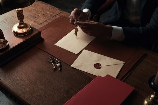 Estate executor organizing keys and sealed envelopes on wooden desk