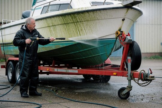 Middle aged caucasian man cleans dirty motorboat on red trailer using high pressure washer. Man sprays water nozzle to remove green algae, grime from vessel hull. Outdoor maintenance work for marine