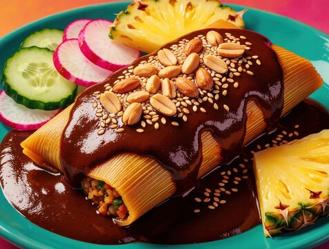 Savory tamale rests on plate covered in rich mole sauce, garnished with peanuts and sesame seeds. Served with fresh cucumber slices radish and pineapple.