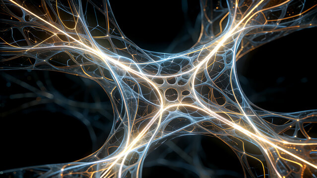 Abstract digital background featuring glowing interconnected neural network structures and light pathways.